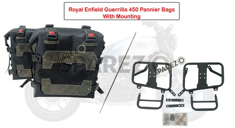 Fit For Royal Enfield Guerrilla 450 Canvas Pannier Bags Black With Mounting - SPAREZO